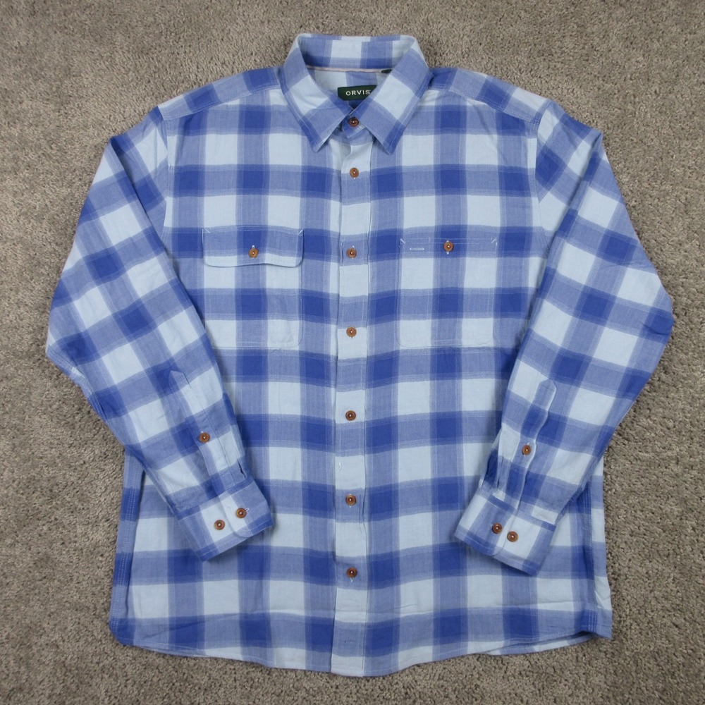 Orvis‎ Shirt Mens Large Blue Plaid Crushed Herringbone Active Fit Flannel Button